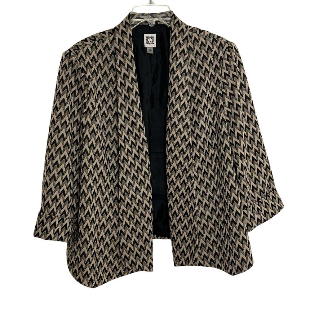 Anne Klein Blazer Jacket XL Open Front Black Brown Beige Chevron 3/4 Sleeve